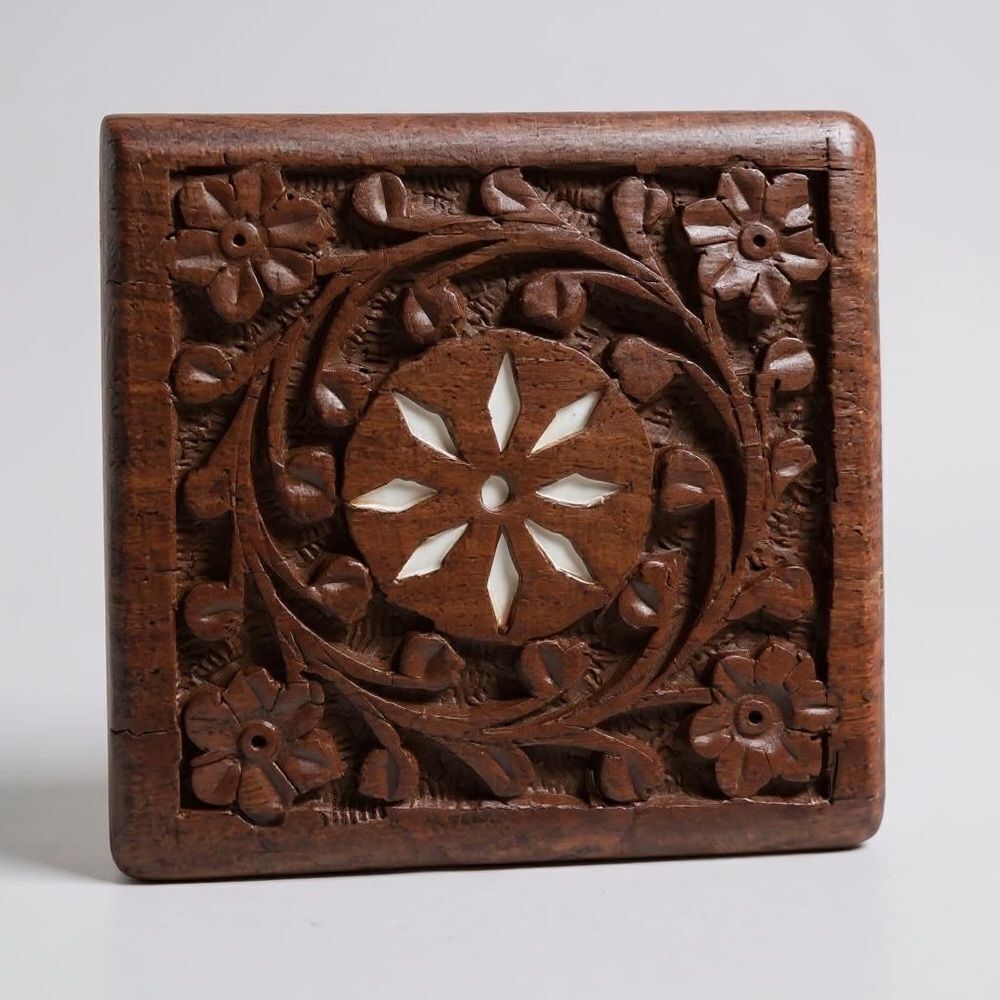 Vintage 1970s Hand Carved Inlaid Wood Box Made in India